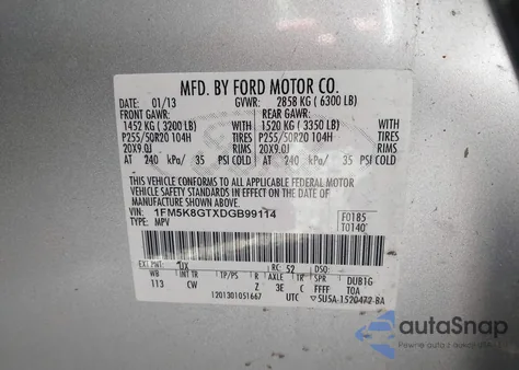 2013 Ford Explorer Sport z USA, uszkodzony, nr VIN 1FM5K8GTXDGB99114